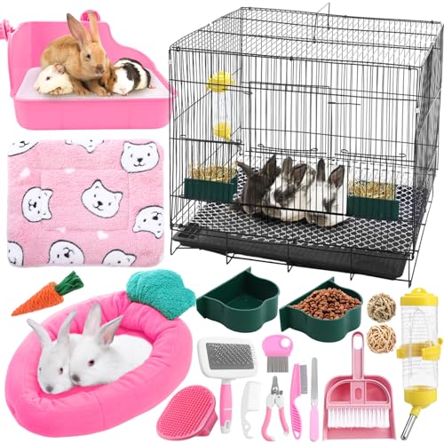 Abbylike 22 Pcs Rabbit Starter Kit with Cage Rabbit Grooming Kit Bunny Cage Set with Bed Litter Box Water Bottle Feeders Toys Grooming Cleaning Supplies for Indoor Rabbits Small Pets(Pink)
