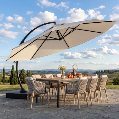 Image of UDPATIO Garden Cantilever Parasol with Base Round 330 cm, Aluminium Parasol Umbrella with Crank, Offset Parasol with 8 Ribs,360° Rotation&90° Adjustable Canopy, Large Patio Umbrella for Outdoor Beige