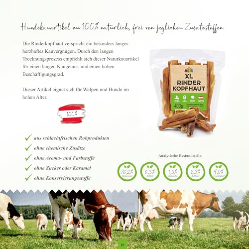 ALTO - Premium Rinderkopfhaut für große Hunde - 25cm Stücke - Hunde Kauartikel groß - Hundeleckerli für Zahnpflege Hund und Beschäftigung - 400g
