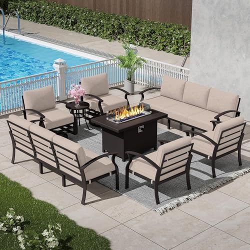 Image of Patio Furniture Set 10 Seats Aluminum Armrest Sofa, Modern Outdoor Living Room Set with 55000 BTU Propane Aluminum Fireplace, Outdoor Rotary Joystick with Thick Cushion