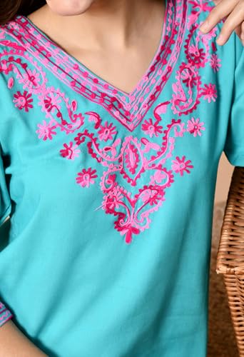 Image of LIBOZA Embroidered Kashmiri Tunic Top, Short Kurti for Women on Jeans, V-Neck, 3 /4 Sleeve, Floral Design,