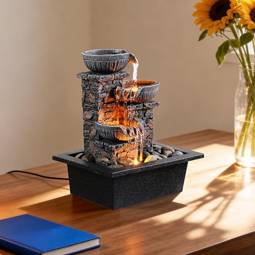 Image of Kalona Tabletop Waterfall Fountain 3 Bowls with LED Light, Soothing Water Flow Sound, Zen Meditation Decor for Home and Office, Relaxation Water Fountains Indoor (23113)