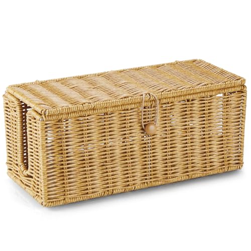 Cable Management Box Handwoven Synthetic Rattan Cable Organizer 2 Side Open Slots Cords Hider Box Under Desk Cord Organizer for USB Wire TV PC Charger & Power Strip Natural