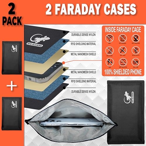 Image of Two Faraday Bags Anti-Tracking GPS RFID Signal Blocker Wallet Shielding Pouches (x2) Protective Cases for Cell Phone Car Key FOB, Data Privacy, Electronic Device Security (2 Pack - Pocket Black)