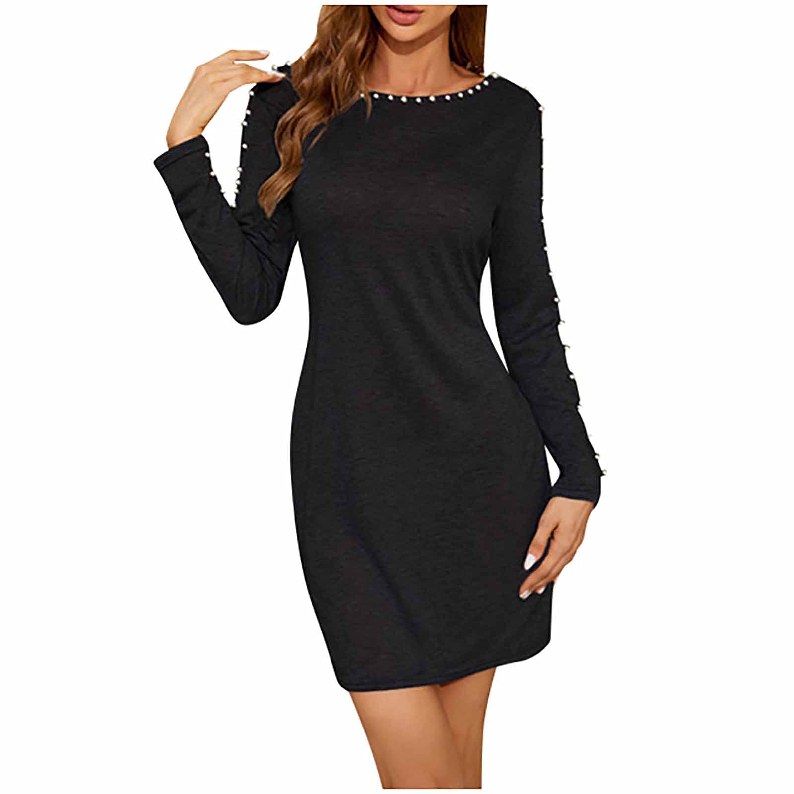 Sexiest Clothes for Women Dress for A Wedding Women's Daily Slim Long-Sleeved Beaded Sexy Bag Hip Solid Color Dress