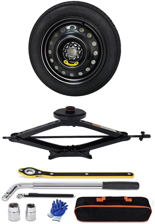 spare tire kit compatible with 2020-2025 tesla model y include jack, lug wrench, and storage bag, black wheel with 18x4 rim, t145/85r18 radial tire,27.7” rolling diameter tire
