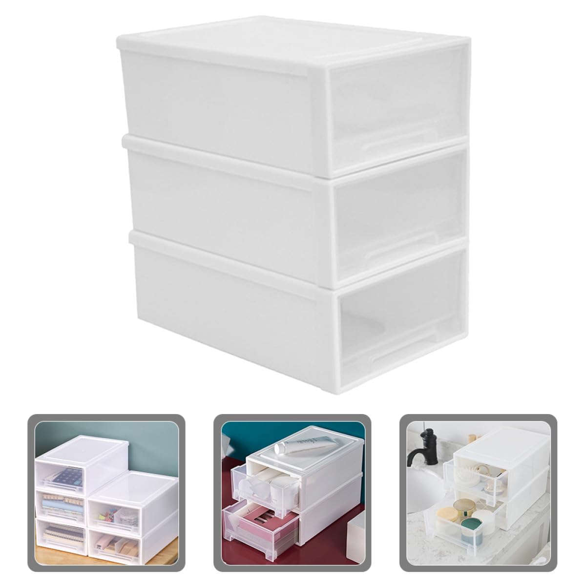 Organizador de Plástico Apilable Tres Cajones, Caja de Almacenamiento para Escritorio, Diseño Desmontable y Capacidad Grande para Uso en Casa
