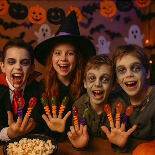 MIJOMA Halloween Finger Lollipops 3er Set – 42 Stück Totenkopf & Kürbis Lutscher mit Spirale zum Aufstecken – Apfel & Erdbeer Geschmack – Gruselige Süßigkeit für Party & Trick or Treat