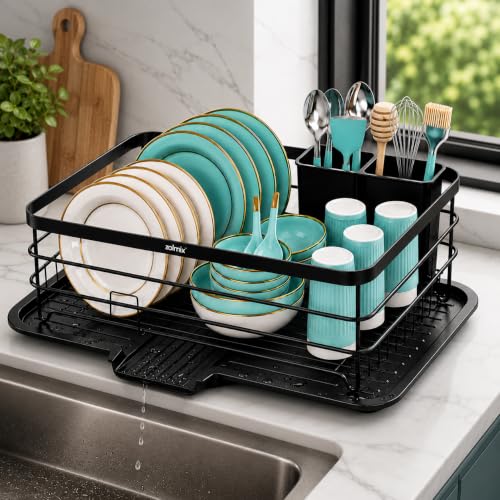 Image of ZOLMIX Dish Drying Rack, Dish Drainer Basket with Drainer Tray, Utensils Drying Rack Anti-Rust Detachable Cutlery Holder, Bartan Basket with Drain Tray, Kitchen Utensils Organizer, Black (42x32x13 cm)