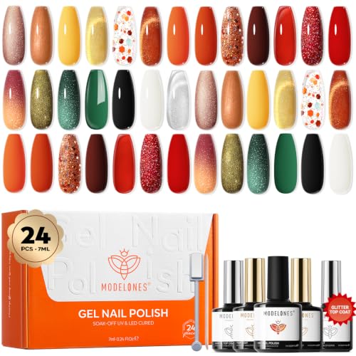 Image of modelones Cat Eye Gel Nail Polish Set Glitter 24PCS Shimmer Fall