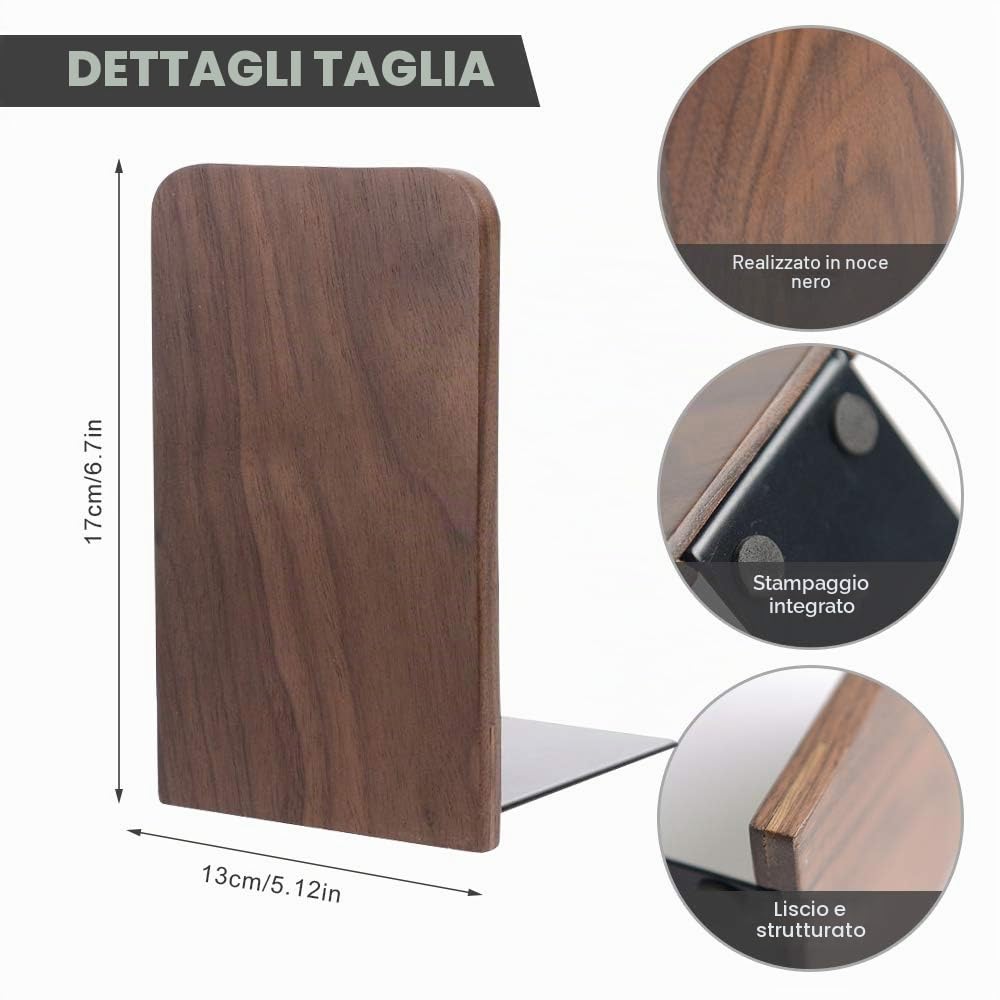 Blocco libro, cuneo libro, supporto per reggilibri in noce nero per scaffali, supporto per organizer per reggilibri antiscivolo 17x13 cm per casa, ufficio (quadrato)