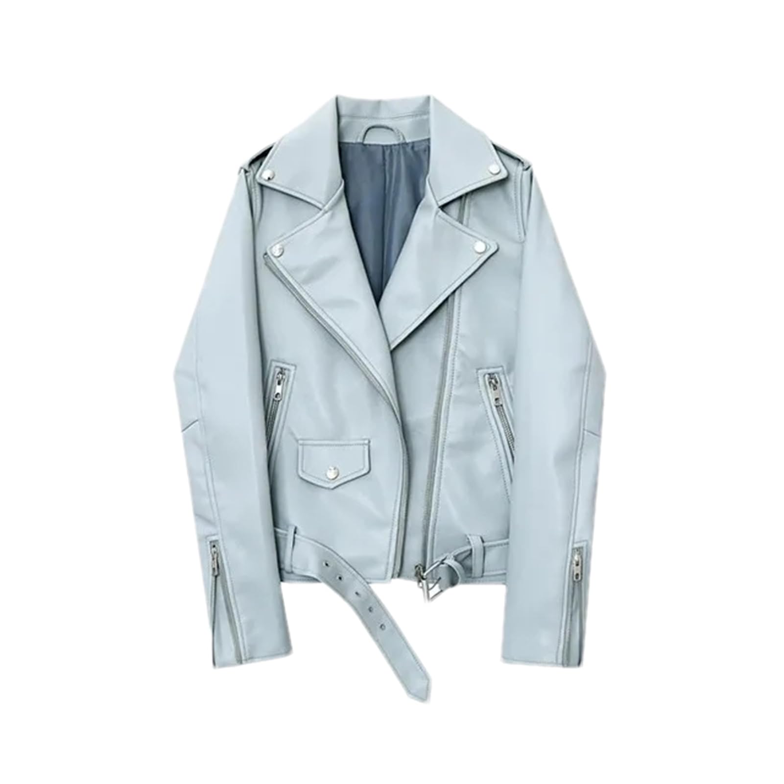 Primavera Autunno Morbido Faux Giacca In Pelle Con Cintura Donne Risvolto Moto Cappotto Cerniera Moto Biker Outwear Giacca Donna