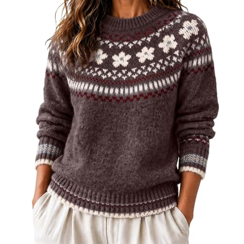 Sweater for Women Fair Isle Long Sleeve Pullover Crew Neck Knit Tops - image 1