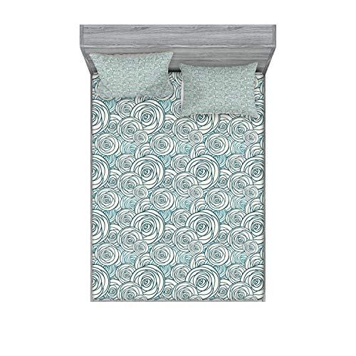 Ambesonne Rose Fitted Sheet & Pillow Sham Set, Doodle Style Outlines of Rose Blossoms Spring Nature Inspired Artwork, Decorative Printed 3 Piece Bedding Decor Set, Calking, Dark Teal Teal and Cream