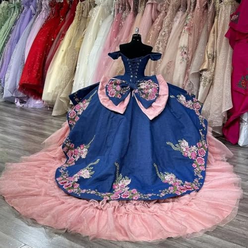 Zhangyo Floral Embroidery Quinceanera Dresses with Bow Ruffle Layered Sweet 16 Dresses Off Shoulder Ball Gown with Train2