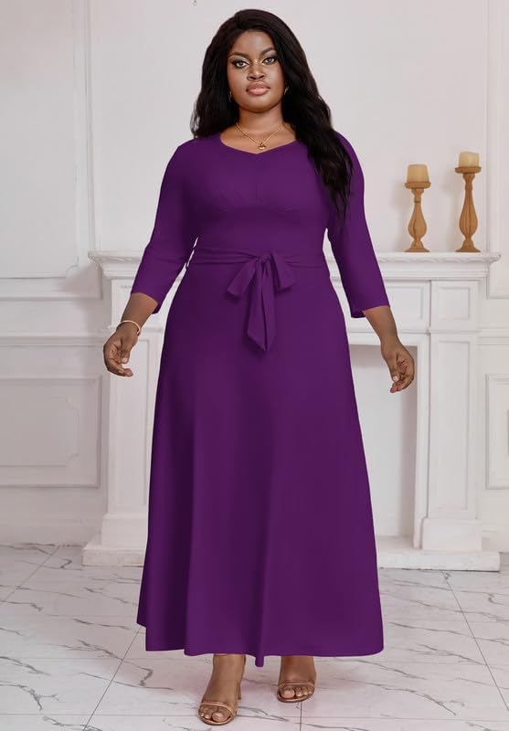 Maxi Dress for Women 3/4 Sleeves V-Neck Semi Formal Church Long Casual Dresses with Pockets - Image 4