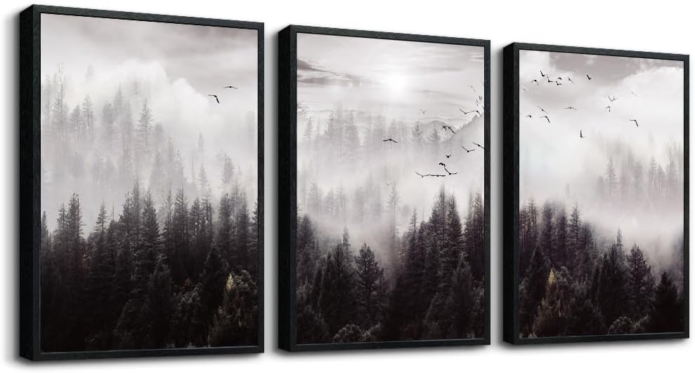 Black Framed Canvas Wall Art - Boho Wall Decor for Living Room & Bedroom - Foggy Forest Trees Scenery - 3 Pieces