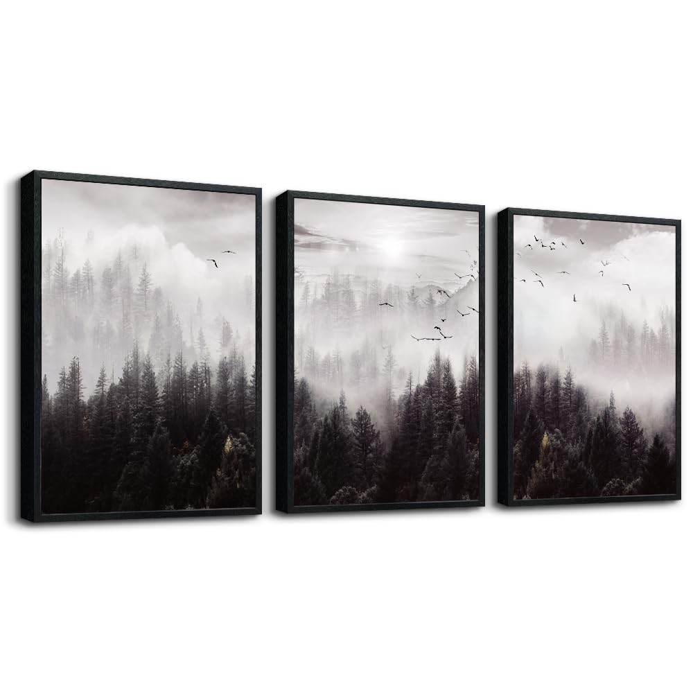 Black Framed Canvas Wall Art For Living Room Boho Wall Decor For Bedroom Foggy Forest Trees Wall Paintings Scenery Wall Pictures Artwork Farmhouse Office Wall Decorations Room Home Decoration 3 Pieces