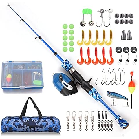 doorslay Kids Fishing Rod and Reel Combo Full Kit 1.2m/3.94FT Telescopic Casting Rod Pole with Spincast Reel and Hooks Lures Swivels Carry Bag Cover