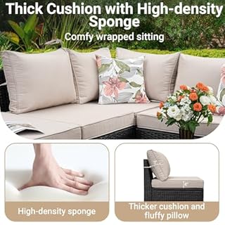 Jing's Villa 6-Piece Patio Furniture Set, All-Weather Outdoor Wicker Sectional Sofa with Cushions, Glass Table & Left and Right Armrest, Rattan Conversation Seating for Porch, Garden, Backyard,Beige