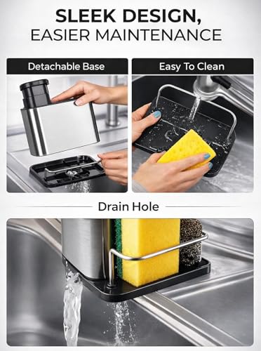 Image of TENOM Soap Dispenser for Kitchen Sink with Sink Organiser & Sponge Holder, Stainless Steel Rust Proof Dishwasher Safe Space Saving Dishwashing Liquid Rack Organizer (Silver)