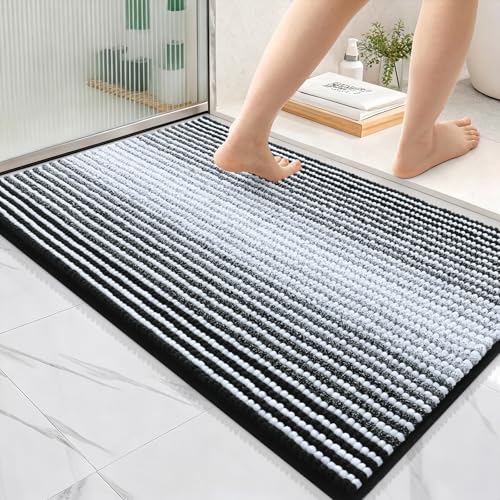 Image of OLANLY Bathroom Rugs 36x24, Extra Soft Absorbent Chenille Striped Bath Rugs, Rubber Backing, Machine Wash Dry, Bath Mats for Bathroom Floor, Tub and Shower, Home Decor Accessories, Black