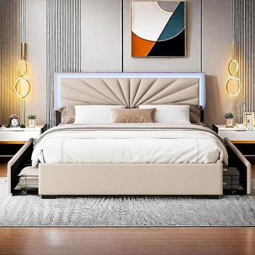 Cadre de Lit Double 160x200cm Capitonné avec Sommier, 4 Tiroirs de Rangement, Tête de Lit Éclairage LED, 2 Personnes, Beige (Matelas Non Inclus)