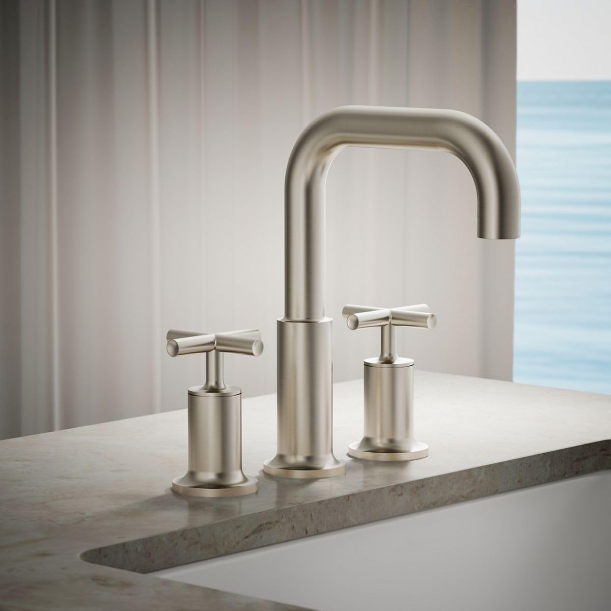 Kohler T14428-3-BN Purist Deck-Mount High-Flow Bath Faucet Trim with Cross Handles, Valve Not Included, Vibrant Brushed Nickel