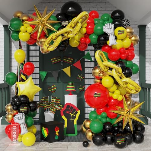 Image of 152Pcs Juneteenth Balloon Garland Arch Kit,with Explosion Star,Gold Chain,Fist Foil Balloons for June 19th Independence Freedom Day Black History Month Africa American Party Decoration-Red Black Green