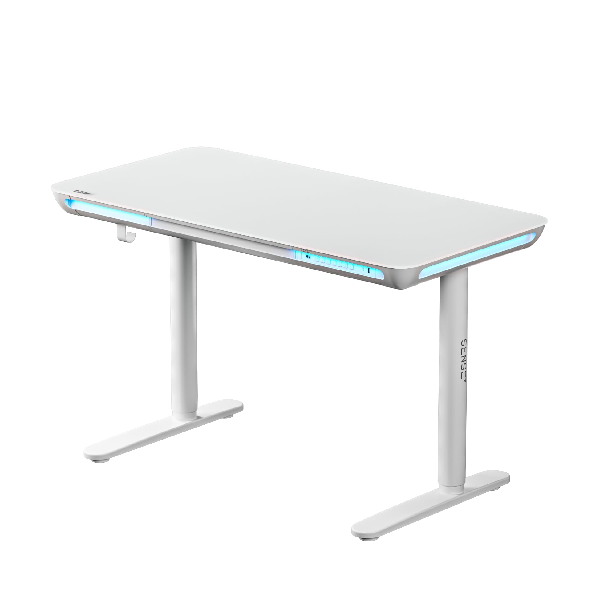 SENSE7 Nomo LED Gaming Schreibtisch, 120x60cm, Höhenverstellbar, USB-C, USB 3.0, Glas, Schublade, Haken, Modern, Weiß, Erwachsener, Home Office, Büro, Lernzimmer, Wohnzimmer