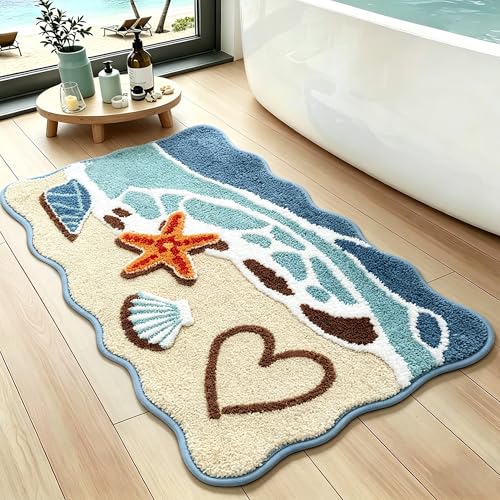Beach Bathroom Rug 20x32 Inch 3D Textured Coastal Ocean Wave Scalloped Bath Mat with Starfish Shell Decor Soft Microfiber Absorbent Non-Slip Washable Bath Rug for Bathroom Kitchen Entryway