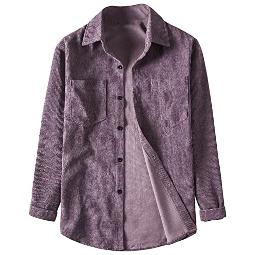 Maiyifu-GJ Mens Long Sleeve Corduroy Shirts Solid Color Button Down Ribbed Fall Tops Lightweight Casual Warm Shacket Jacket (Purple,Large)