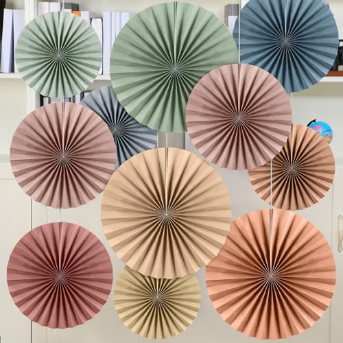 Image of 18 Pcs Sage Green Brown Boho Hanging Paper Fans Decor Back to School Paper Fans Round Garlands Bulletin Board Classroom Decorations for Party Supplies Classroom Decor
