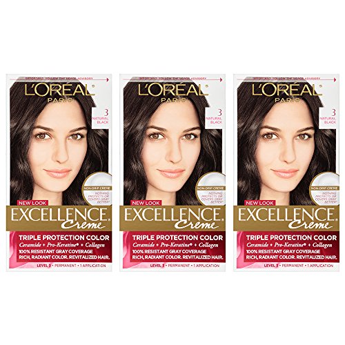 L'Oreal Paris Excellence Creme Permanent Hair Color, 3 Natural Black (Pack of 3)