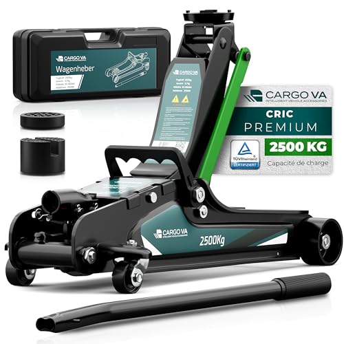 CargoVA - Cric hydraulique 2,5T - Certifié TÜV - Plage de levage 85-380mm - Extra plat pour voitures surbaissées - Cric rouleur avec patins en caoutchouc...