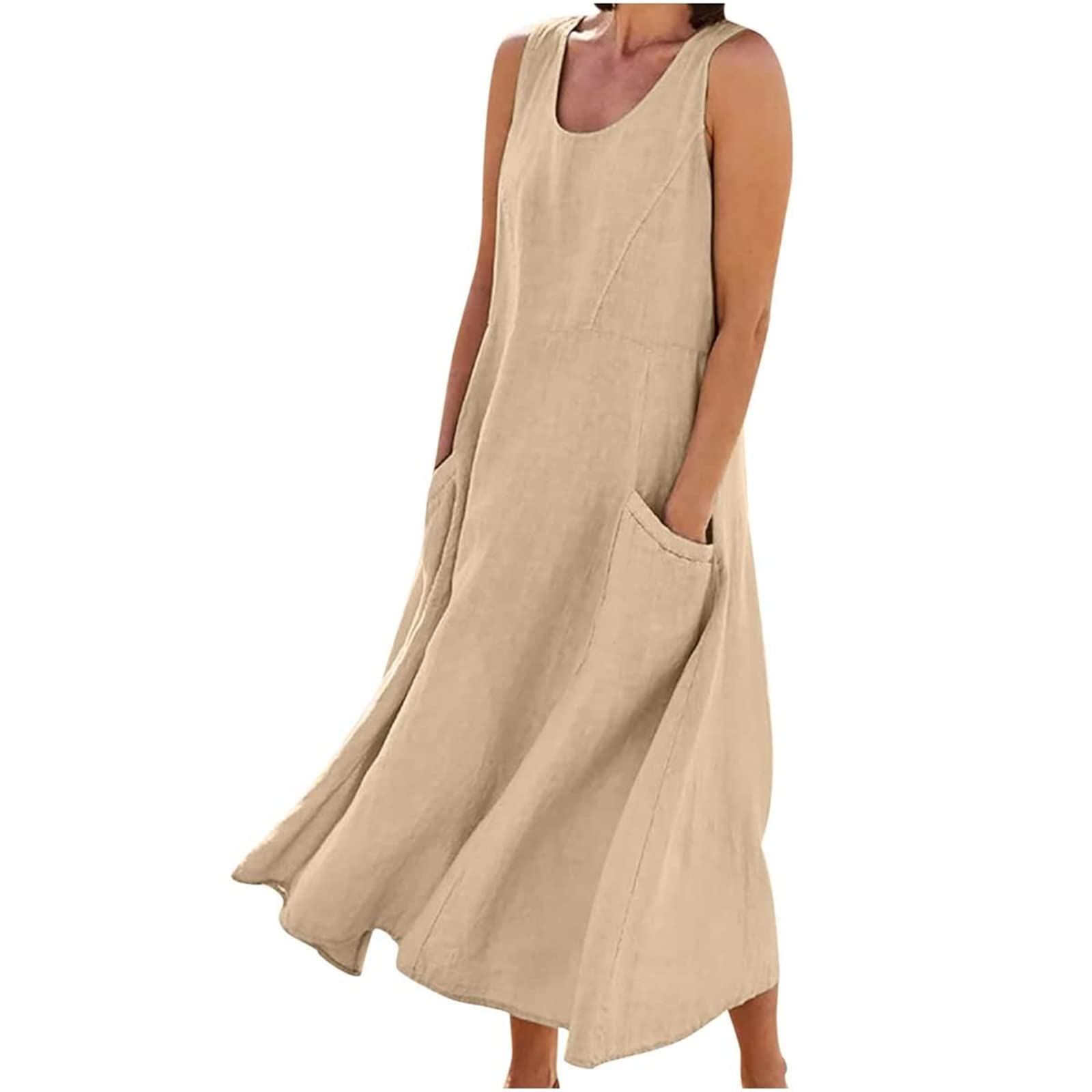 Luckyste Vestido sin Mangas de algodón y Lino para Mujer, Vestidos de Cuello Redondo con Bolsillo de Color sólido de Verano, Vestido de Verano de Playa cómodo, Elegante y Holgado