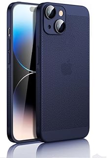 جراب حماية لتبديد الحرارة لموبايل ايفون 14 مقاس 6.1 بوصة مع واقي عدسة كاميرا مدمج بتصميم رفيع ومزود بمسامات للتهوية ومضاد للبصمات، جراب خلفي صلب مضاد للصدمات من البولي كربونات من دلـع موبايلك - أزرق