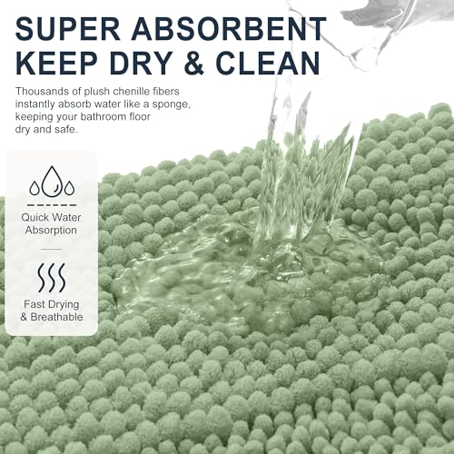 Image of Smiry Thick Chenille Bathroom Runner Rugs 59x20, Absorbent Striped Bath Mat, Machine Washable, Rubber Backing, Extra Long Bath Rugs for Tub & Shower, Modern Home Decor Accessories, Sage Green
