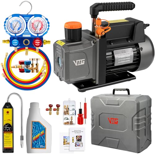 VTG VOGTEN 4.5 CFM AC Vacuum Pump and Gauge Set for Mini Split/HVAC/Auto Systems Manifold Gauge Kit fits R134a R12 R22 R410a with Leak Detector Core Depressor Valves 2 R134a Can Taps Storage Case
