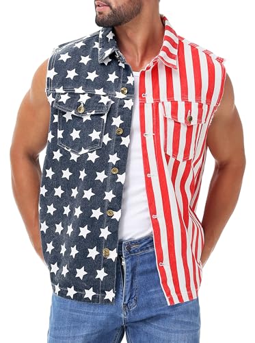 Image of AOBUTE Mens 4th of July Denim Vest American Flag Print Sleeveless Jean Jacket