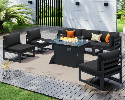 NICESOUL 7 Pcs Aluminum Black Outdoor Sectional with Firepit, All Weather Patio Furniture Set with Deep Seat, Contemporary L-Shaped Modular Large Conversation Set for Garden Poolside, Seats 6, Black