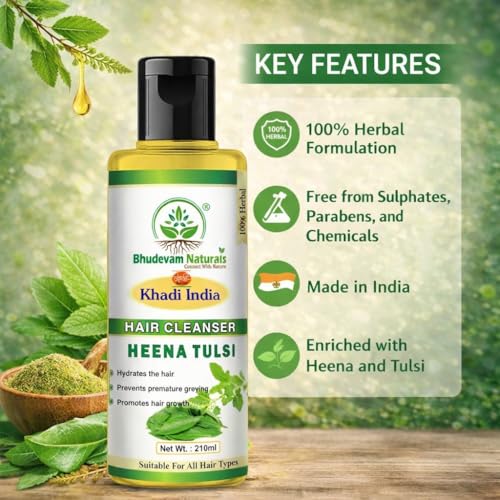 Image of Bhudevam Natural Khadi Henna & Tulsi Shampoo Natural Hair Care for Strength & Shine | Promote Hair Growth & Protect Hair Scalp Suitable for All Hair Types- Pack of 2