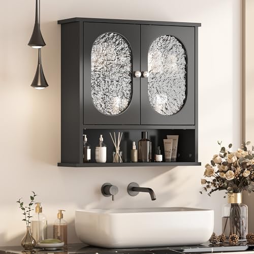 Armario de medicamentos para baño, 23x24 pulgadas, color negro, con 2 puertas acrílicas ovales, estante abierto, estilo moderno y ahorrador de espacio, para baño, cuarto de lavado o cocina miniatura 1