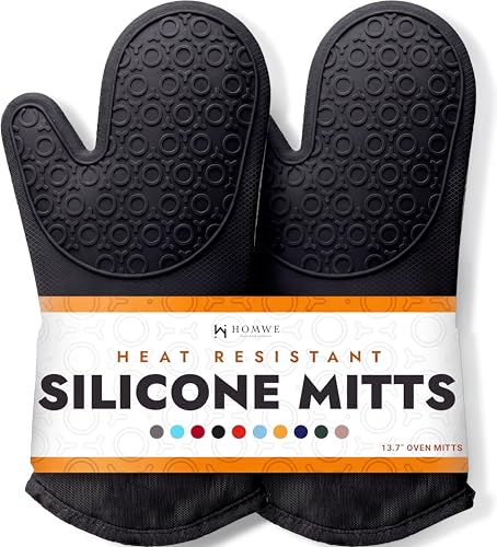 BPA-Free Silicone Oven Mitts Ultra Heat Resistant up to 500°F - Oven Mitts with Thick Cotton Liner - Long Slip Resistant Pot Holders, Flexible Oven Gloves - Black 13.7'