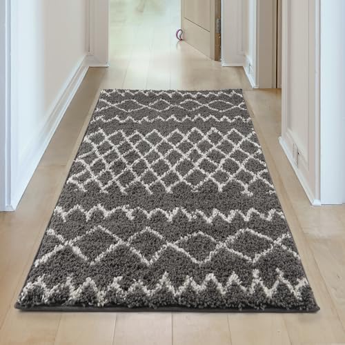 THE RUGS Modern Moroccan Design Living Room and Bedroom Rugs, Non-Shedding & Easy Care (Tangier Dark Grey/Ivory, 60x110 cm) - Image 3