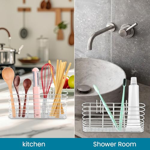 Image of Utensil Drying Rack, 304 Stainless Steel Utensil Organizer Holder No Drilling Kitchen Drainage Basket with 3 Divided Compartments, 7.87x3.54x1.57inch(COLOR:Silver)