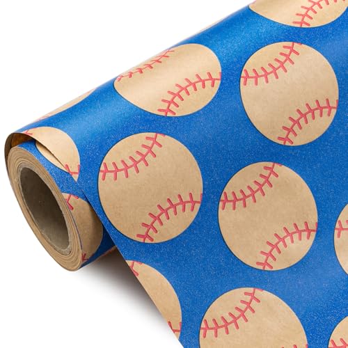 WRAPAHOLIC Kraft Baseball Wrapping Paper Roll - Mini Roll - 17 Inch x 9.8 Feet - Sports Baseball Kraft Wrapping Paper Perfect for Birthday Baby Shower Sports Lover