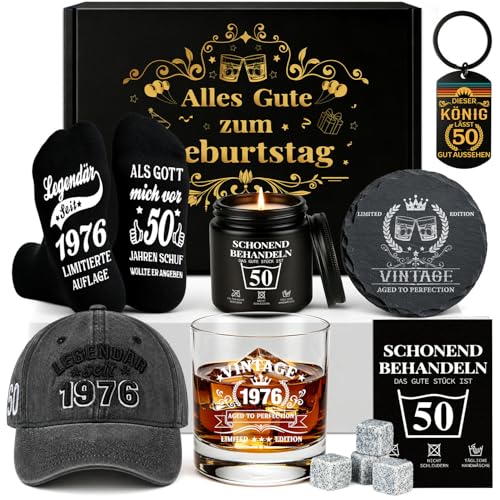 50. Geburtstag für Männer Vintage 1976 Geburtstagsgeschenke Männer Geschenkbox zum 50 Geburtstag mit Whisky Steinen Tasse Socken Schlüsselanhänger Kerze & Karte Geschenk für Mann Papa Freund