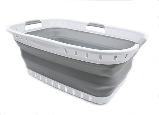 SAMMART 44L Collapsible Plastic Laundry Basket - Foldable Pop Up Storage Container/Organizer - Portable Washing Tub - Space Saving Hamper/Basket (1, White/Grey), Size: 25.4 x 17.3 x 10.2 inches