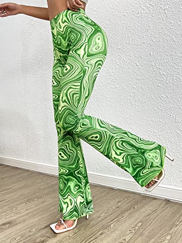 Women's Marble Print Flare Pants Elastic Waist Bell Bottom Trousers4